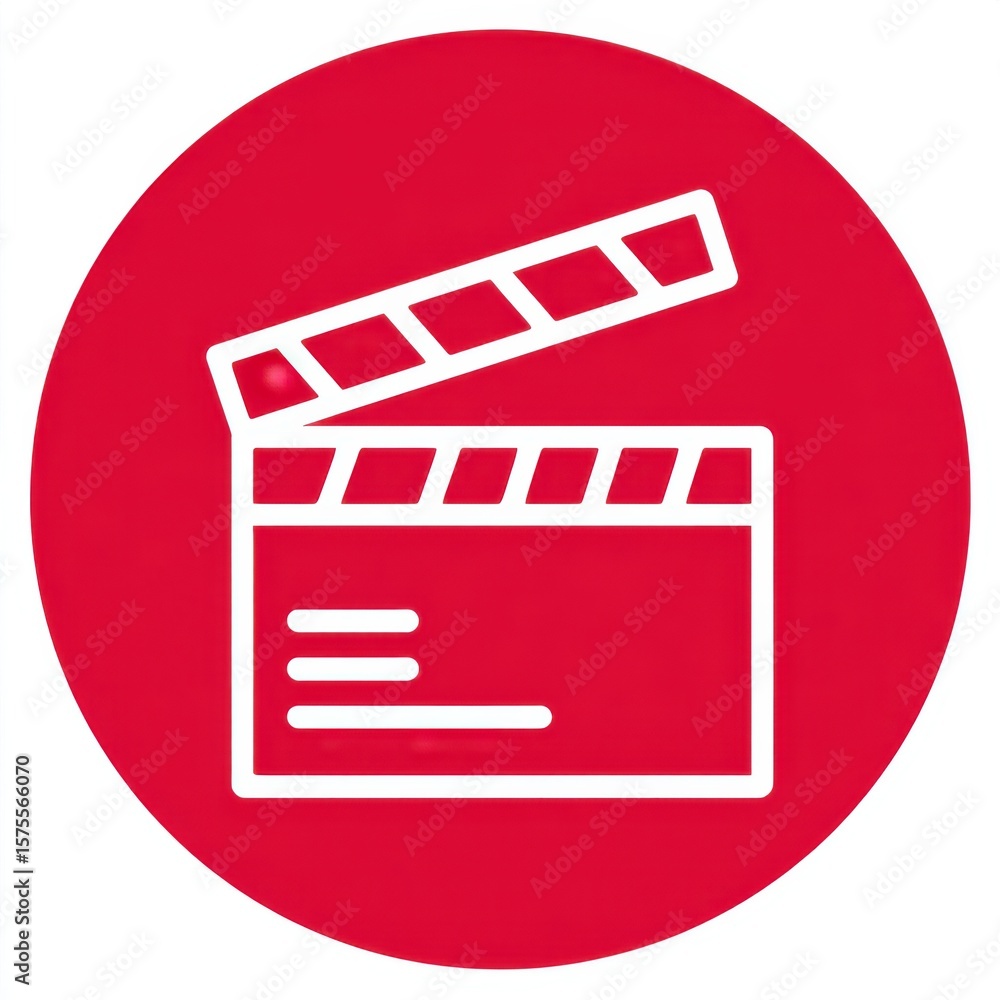 Poster white-outlined clapperboard icon centered on bright red circular background with open top flap, red 