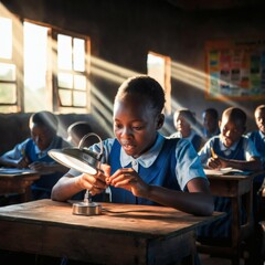African schoolgirl repairing solar lamp at wooden desk, sunlight through classroom window. Documentary depth, education technology focus