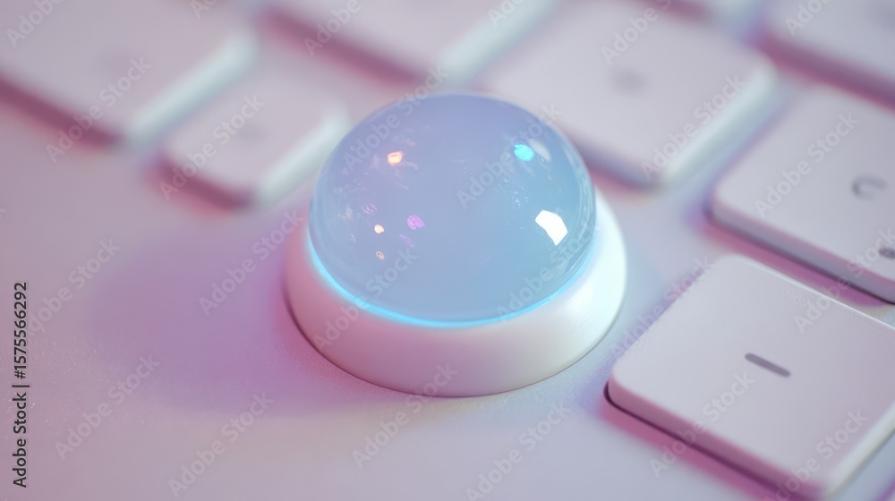 Poster close-up of a translucent, glowing sphere button on a keyboard.