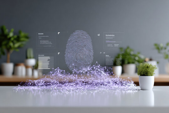 Futuristic fingerprint authentication system displaying user data on virtual screen