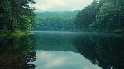 Scenic water reflections in calm natural scene | stock photo, peaceful view, surface mirror effect, lake