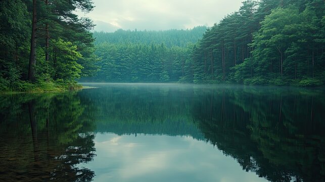 Scenic water reflections in calm natural scene | stock photo, peaceful view, surface mirror effect, lake