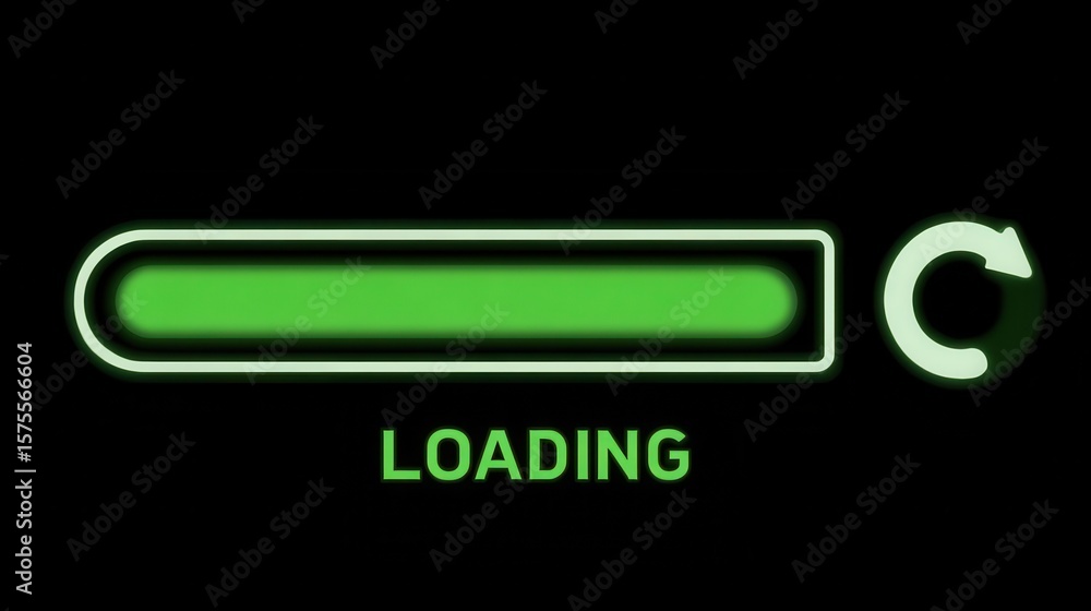 Poster green loading bar with rotating progress indicator on black background.