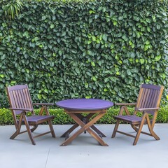 Outdoor Patio Wooden Furniture Set with Purple Table and Green Wall