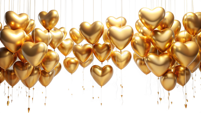 A large cluster of shiny golden heartshaped balloons floating upwards against a transparent background, creating a festive and luxurious atmosphere