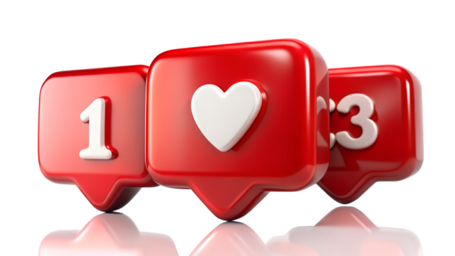 Three red social media notification bubbles, one displaying a white heart, another the number one, and the third the number three, isolated on a transparent background