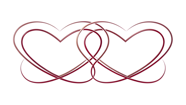 Two intertwined hearts forming an infinity symbol represent eternal love and connection, presented in a gradient of red and maroon on a transparent background