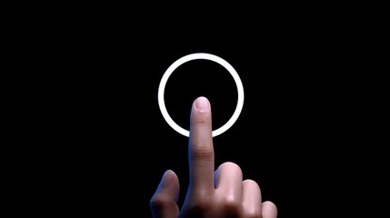 Finger touching a white circle on a black screen.