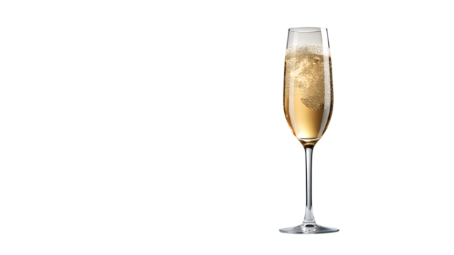 A flute glass filled with golden sparkling champagne, with effervescent bubbles rising, isolated on a transparent background