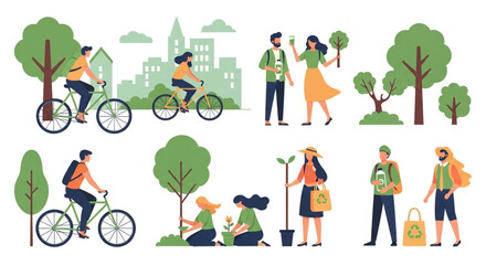 People engaging in eco-friendly activities: cycling, planting trees, and using reusable bags in an urban environment.