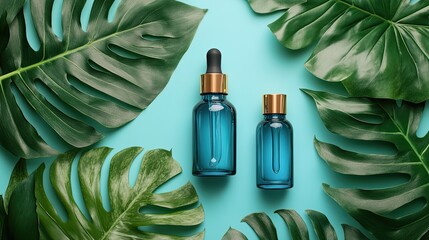 Skincare serum bottles placed with pastel tropical leaves on soft background for cosmetic or wellness product mockup