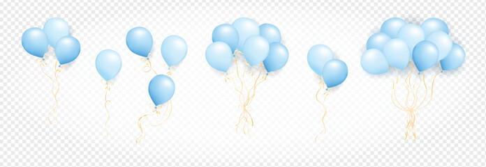 Realistic blue air balloons set isolated on transparent background. Bunch of pastel helium balloons. Set of One, two, three, six and nine 3D air balloons for anniversary, birthday, wedding, party © KosaUA