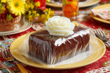 Festive Chocolate Cake with Floral Icing. Chocolate cake with floral icing on a festive table. Perfect for celebrations or culinary designs.