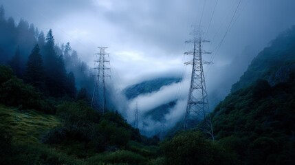 Foggy Mountain Landscape with Tall Towers