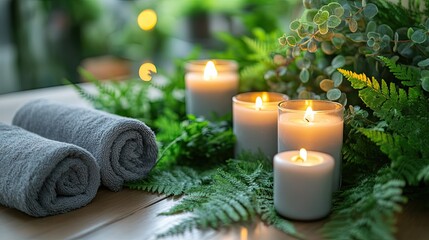Spa setting with lit candles and abundant greenery, promoting relaxation and wellness