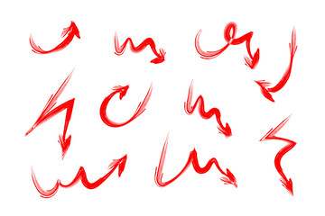 Red Hand drawn Grunge Arrows. Brush Stroke Directional Elements Collection Set. Perfect for infographics, user interface elements, presentations, highlight design, or creative layouts. Isolated on