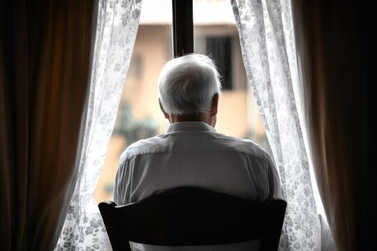 Reflective Senior Man Gazing Through Window, Contemplating Life s Memories and Lost Dreams Quietly