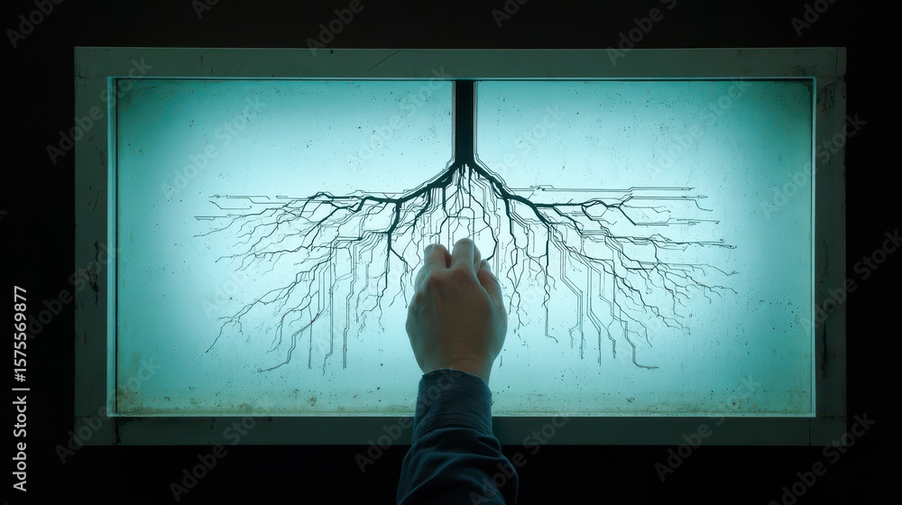 Aufkleber intricate root system design displayed on a light box.