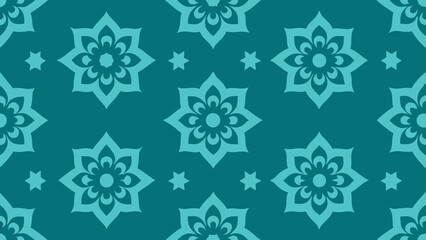 Seamless teal floral pattern with repeating geometric flower and star shapes for background