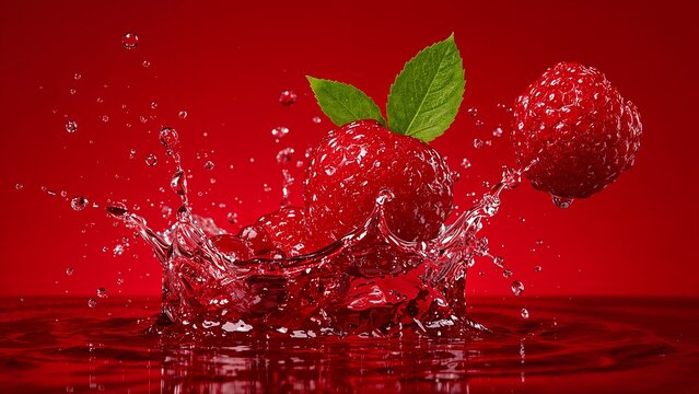 Ripe red raspberries create a spectacular splash of vibrant juice capturing the essence of refreshing summer flavor against a rich crimson background