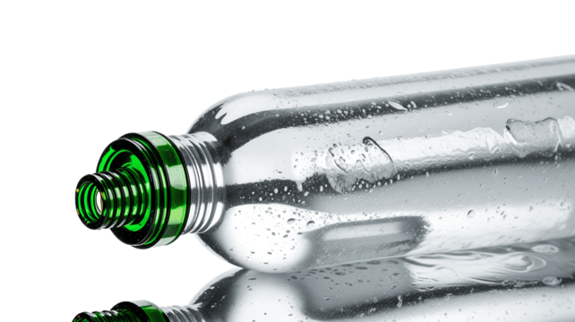 Close-up studio shot of a clear bottle with green neck and water droplets on reflective surface.