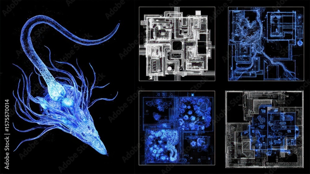 Poster detailed blueprint-style rendering of a complex structure, overlayed with a biological organism.