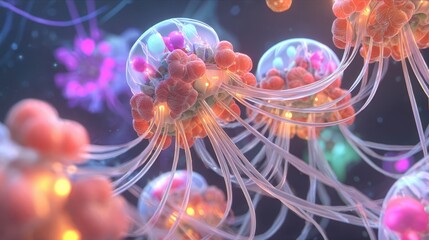 Detailed illustration of glowing jellyfish-like organisms.