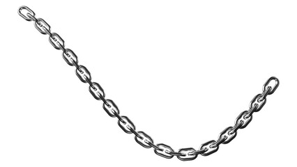 A curved steel chain with metallic links dangles against a transparent background, exhibiting a strong sense of connection and industrial design.