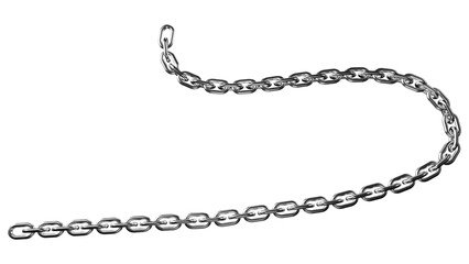 A metallic chain with a winding path, showcasing strength and unity against a transparent background, ideal for security or connection themes.