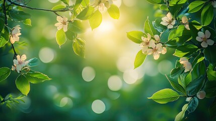 Spring Season Abstract Scene with Green Leaves and Blossoms on Blurred Background for Nature and Renewal Theme