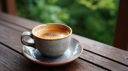Aromatic Coffee in Speckled Grey Mug on Wooden Table