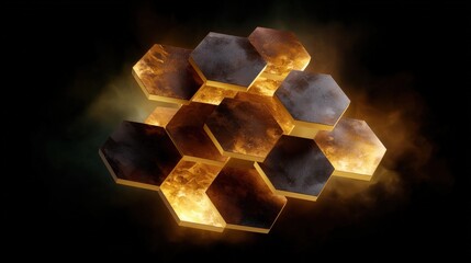 Glowing Golden Hexagonal Cubes in Dark Space