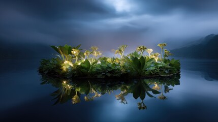 Illuminated Island Plants Reflecting in a Dark Mountain Lake at Night