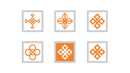 Set of orange geometric abstract ornamental patterns in square frames on white background