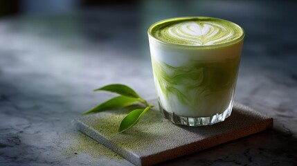 Green Matcha Latte with Milk Foam in Glass Cup