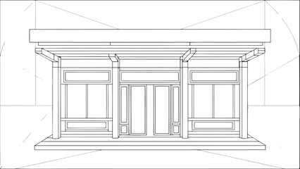 Simple architectural line drawing of a building structure frontal view in black outline