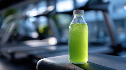 Green Refreshing Drink Bottle in Gym Setting