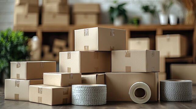 Stack of cardboard shipping boxes with tape, logistics and delivery packaging scene for e-commerce or moving theme - Powered by Adobe