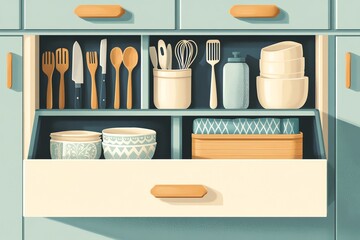 Kitchen Cabinet Open Drawer with Utensils and Dishes in Soft Pastel Colors