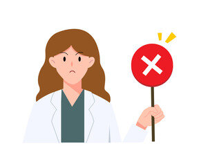 Female doctor cartoon showing a no or incorrect sign for recommendation, hospital, medical and illustration