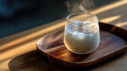 Iced Coffee in Glass on Wooden Tray