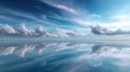 Serene Blue Sky with Clouds Reflected on Calm Water