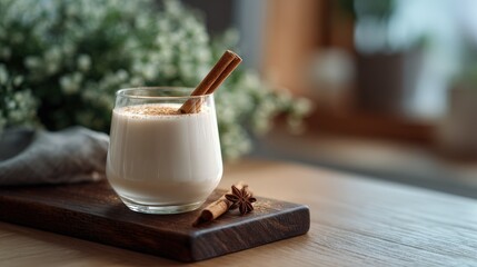 Creamy Eggnog with Cinnamon Sticks on Wooden Board