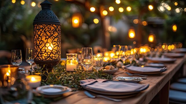 Stimmungsvoll gedeckter Tisch mit warmem Licht von Laternen fÃ?Â¼r festliches Outdoor-Dinner in Sommerabendstimmung