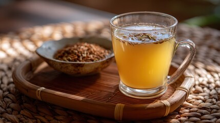 Golden Herbal Tea in Glass Mug on Wooden Tray
