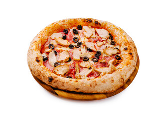 Tasty pizza with chicken, olives, and fresh toppings on a wooden board