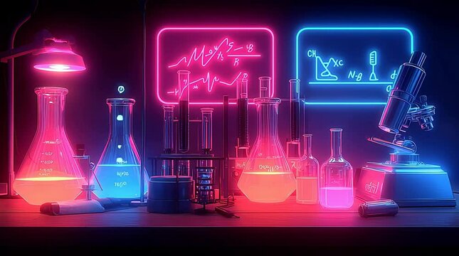 ネオンの光に包まれた未来的な化学実験室のイメージ | Futuristic chemistry lab illuminated with neon lights
