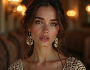 portrait of a beautiful young woman with brown eyes and wearing luxurious earrings with a blurred background and a little light. Generate AI