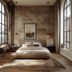 Cozy bedroom interior with rustic charm high resolution picture