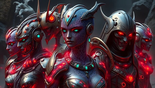 A line of cyborg women with green glowing skin and metallic armor stand in a row looking forward